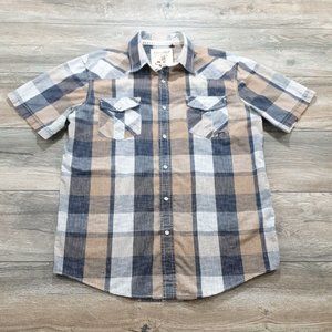 Costal Large Mens Short Sleeve Shirt White Pearl Snap Buttons Blue Tan SPOT FLAW